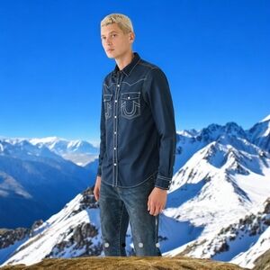 TRUE RELIGION BIG T WESTERN SHIRT - NAVY SIZE XXL